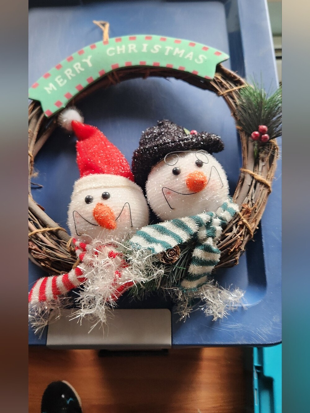 Festive Snowman Wreath Holiday Door Decor - Red & Green